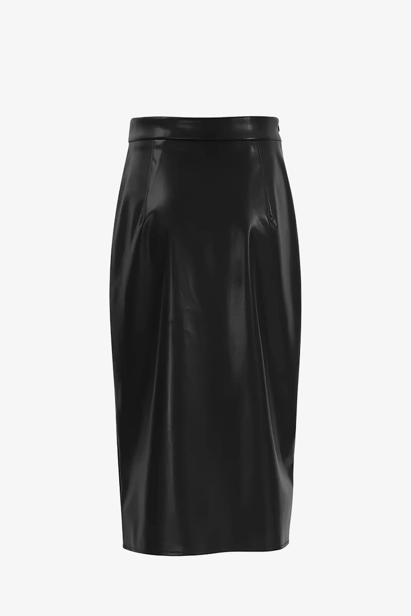 Black High Waisted Leather Slit Midi Skirt