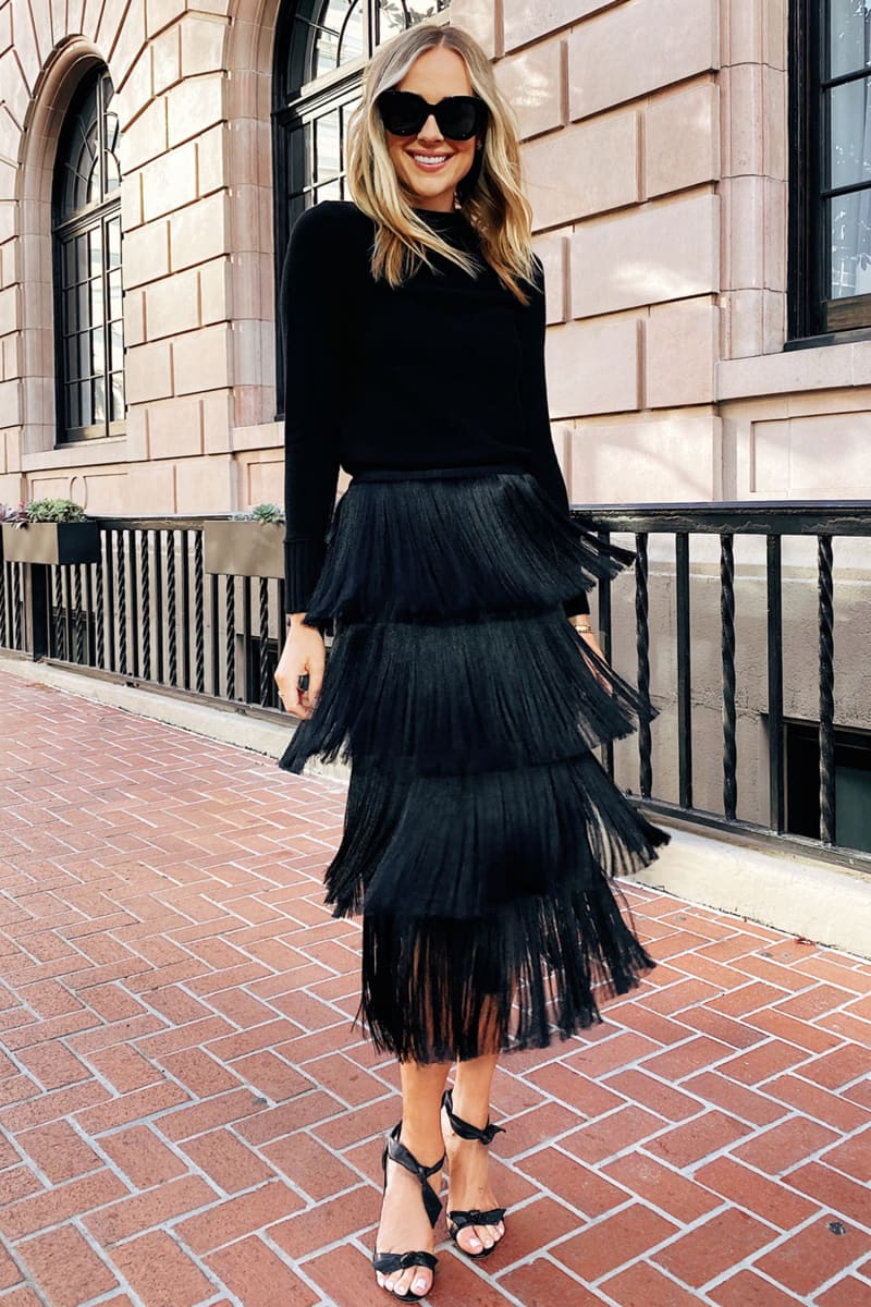 Black High Waisted Midi Fringe Skirt / S Skirts