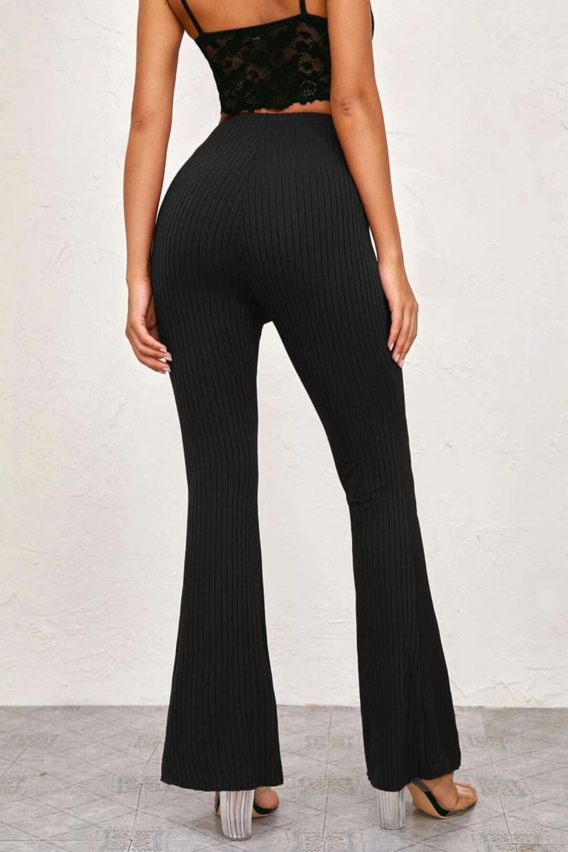 Black High Waisted Ribbed Flare Pants