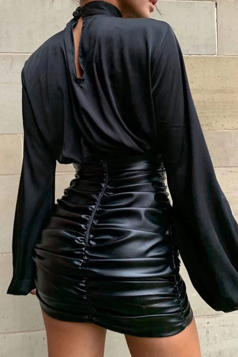 Black High Waisted Ruched Faux Leather Mini Skirt