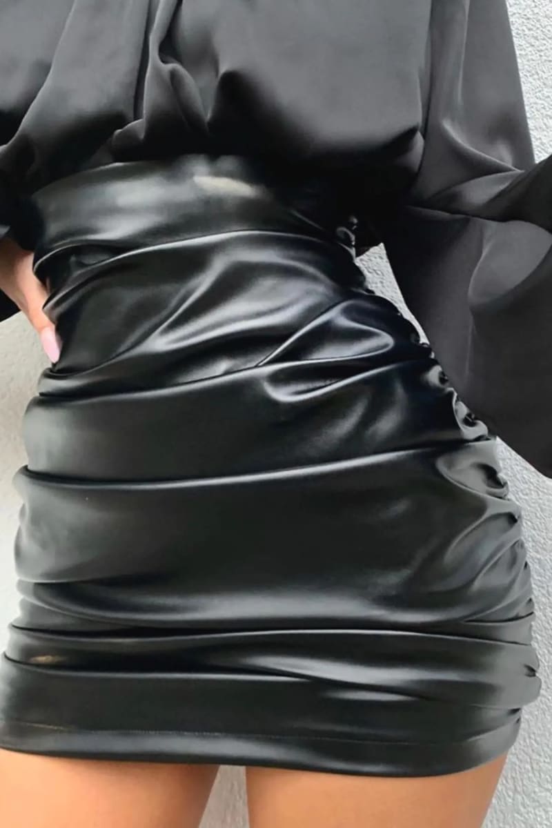 Black High Waisted Ruched Faux Leather Mini Skirt