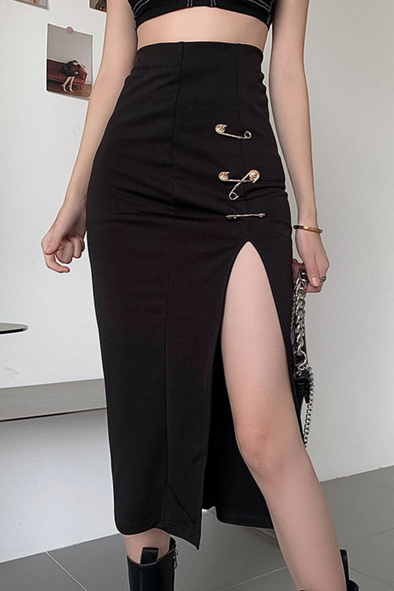 Black High Waisted Split Safety Pin Midi Skirt Skirts