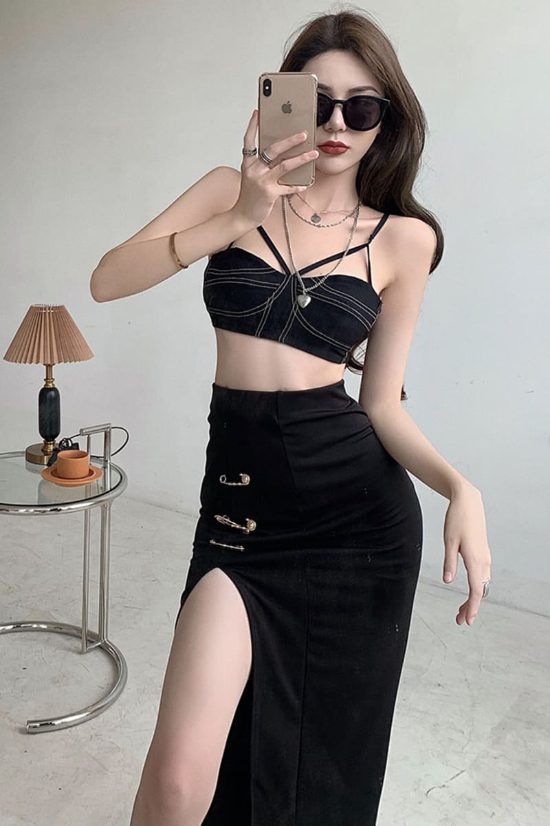 Black High Waisted Split Safety Pin Midi Skirt Skirts