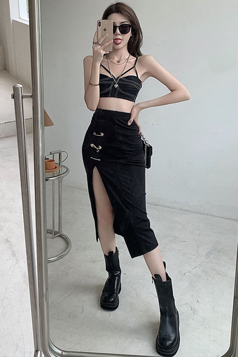 Black High Waisted Split Safety Pin Midi Skirt Skirts