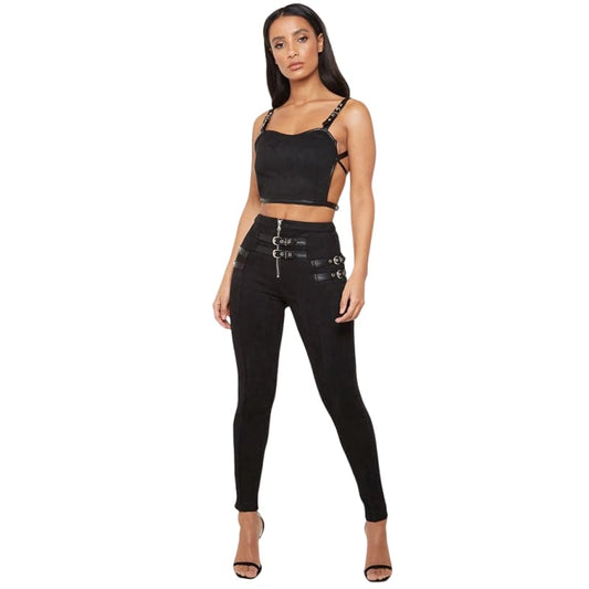 Suede Womens Pant | Buckle High Waist Trouser 2 Colors Black / L