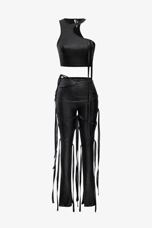 Black Lace-Up Two Piece Pants Set Outfit Sets