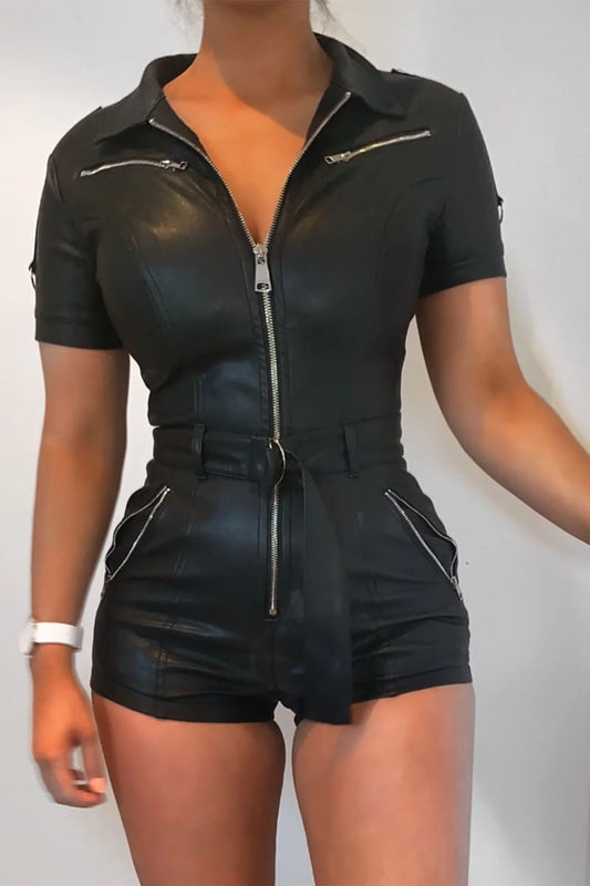 Women's Black Leather Bodycon Zipper Short Romper