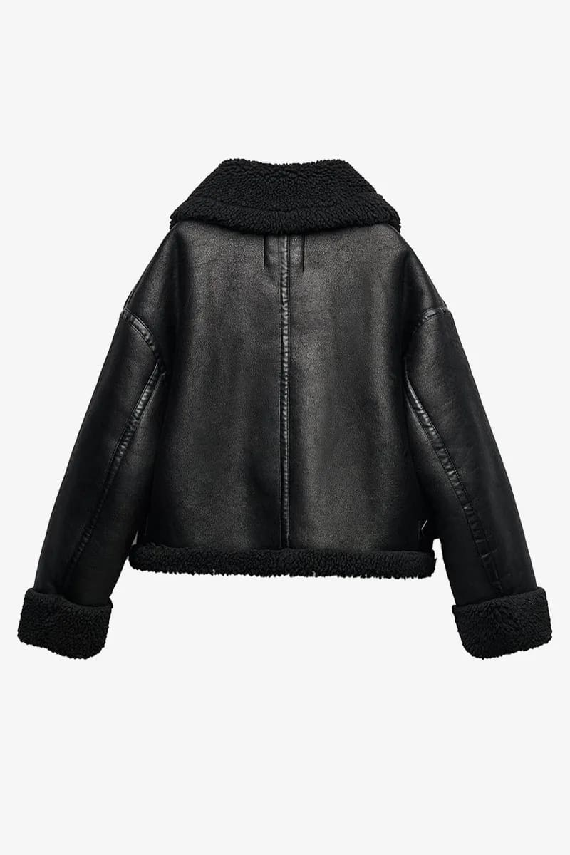 Black Leather Shearling Womens Jacket