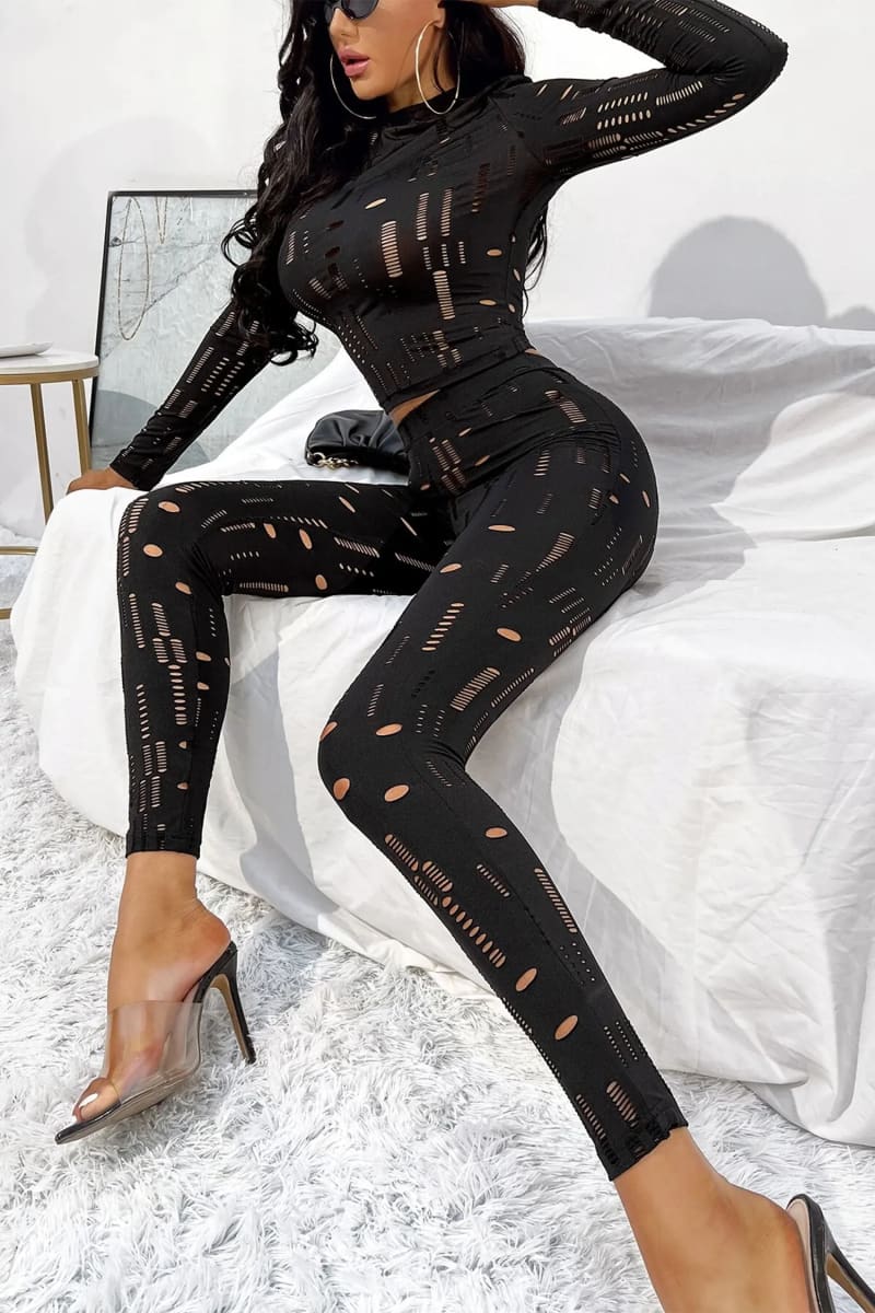 Black Long Sleeve Cut Out Top & Ripped Leggings Set Outfit Sets