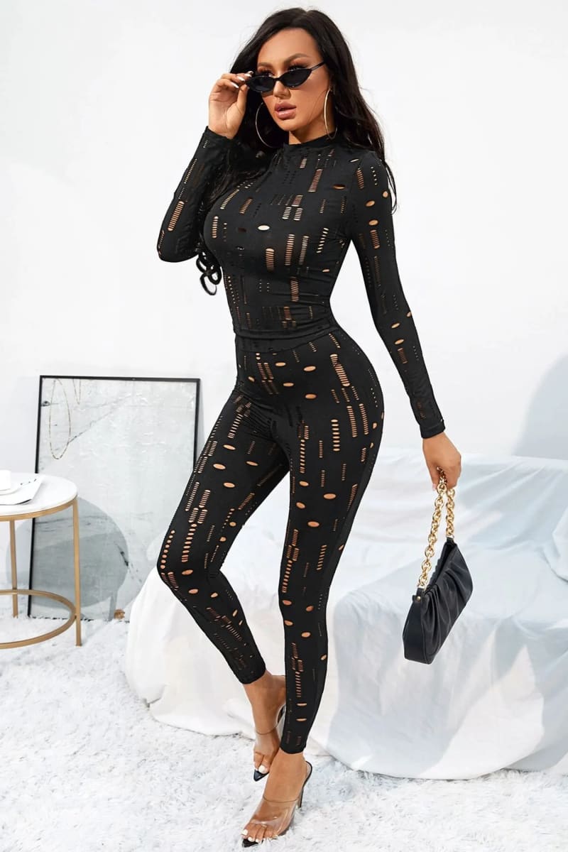 Black Long Sleeve Cut Out Top & Ripped Leggings Set Outfit Sets