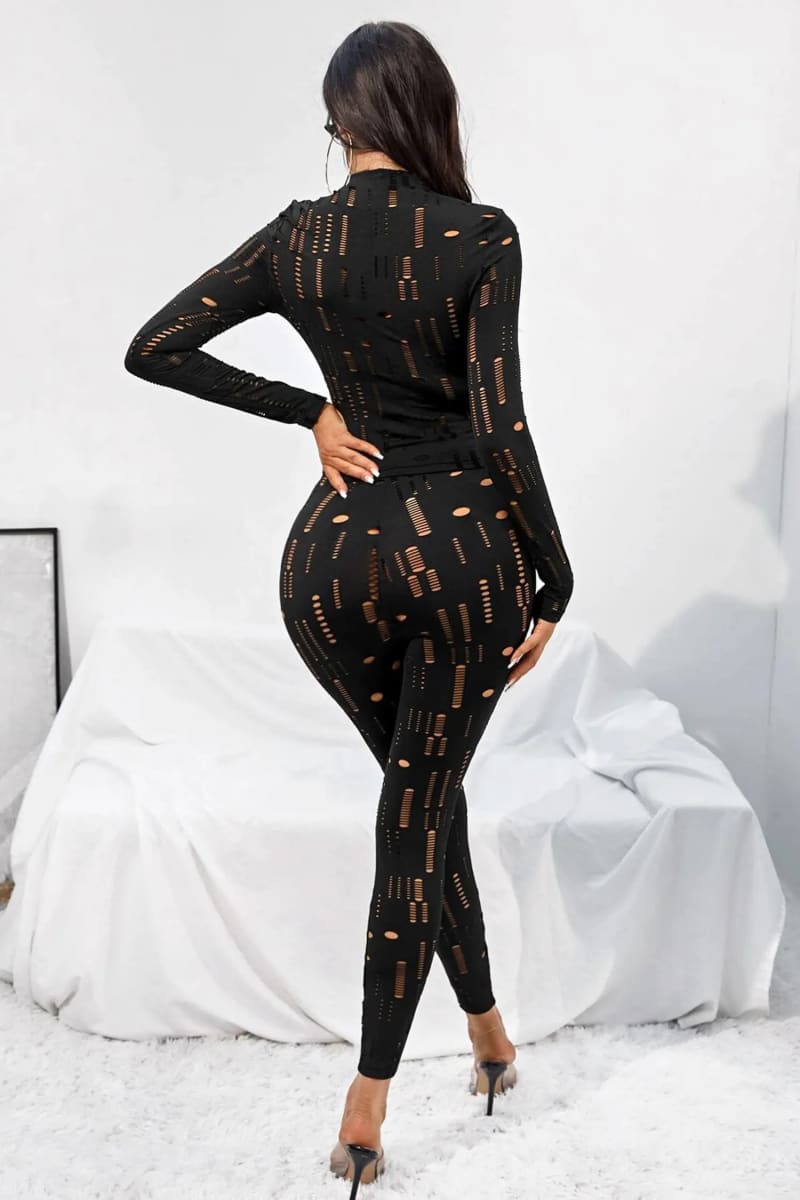 Black Long Sleeve Cut Out Top & Ripped Leggings Set Outfit Sets