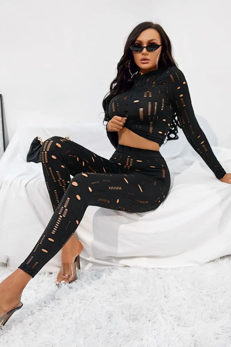 Black Long Sleeve Cut Out Top & Ripped Leggings Set Outfit Sets