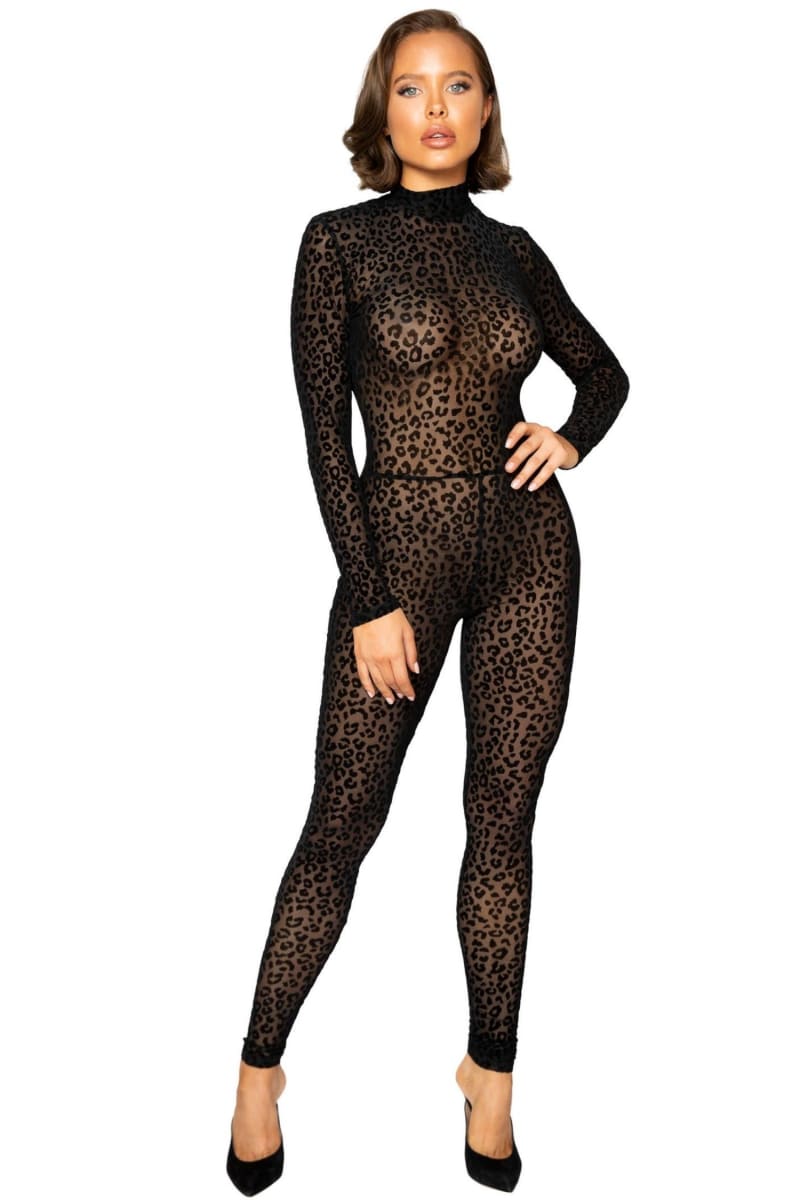 Black Long Sleeve Leopard Print See Through Jumpsuit Jumpsuit