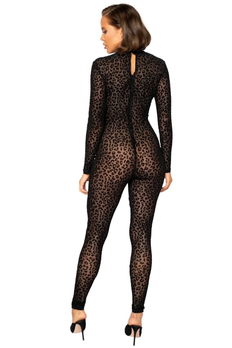 Black Long Sleeve Leopard Print See Through Jumpsuit Jumpsuit