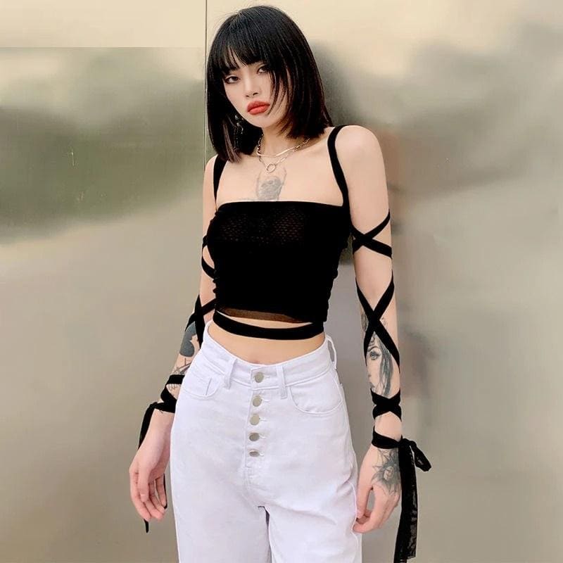 Black Mesh Lace Up Wrap Crop Top Top