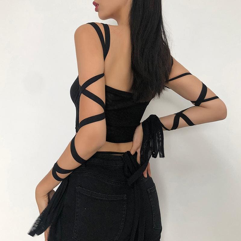 Black Mesh Lace Up Wrap Crop Top Top