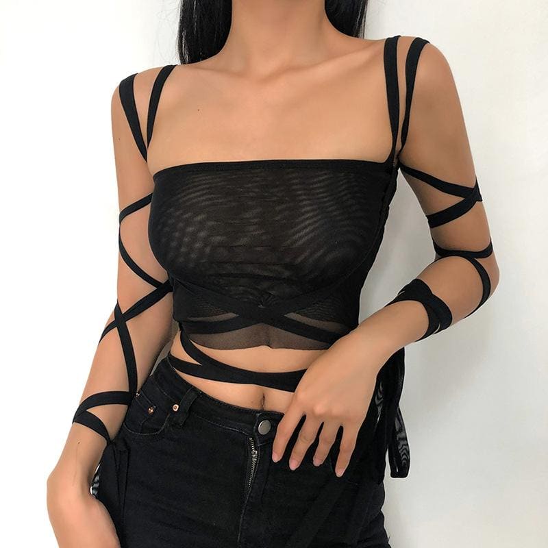 Black Mesh Lace Up Wrap Crop Top Top