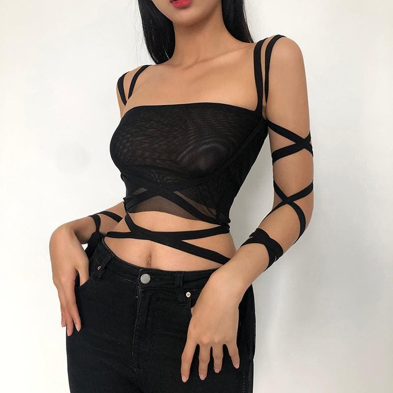 Black Mesh Lace Up Wrap Crop Top Top