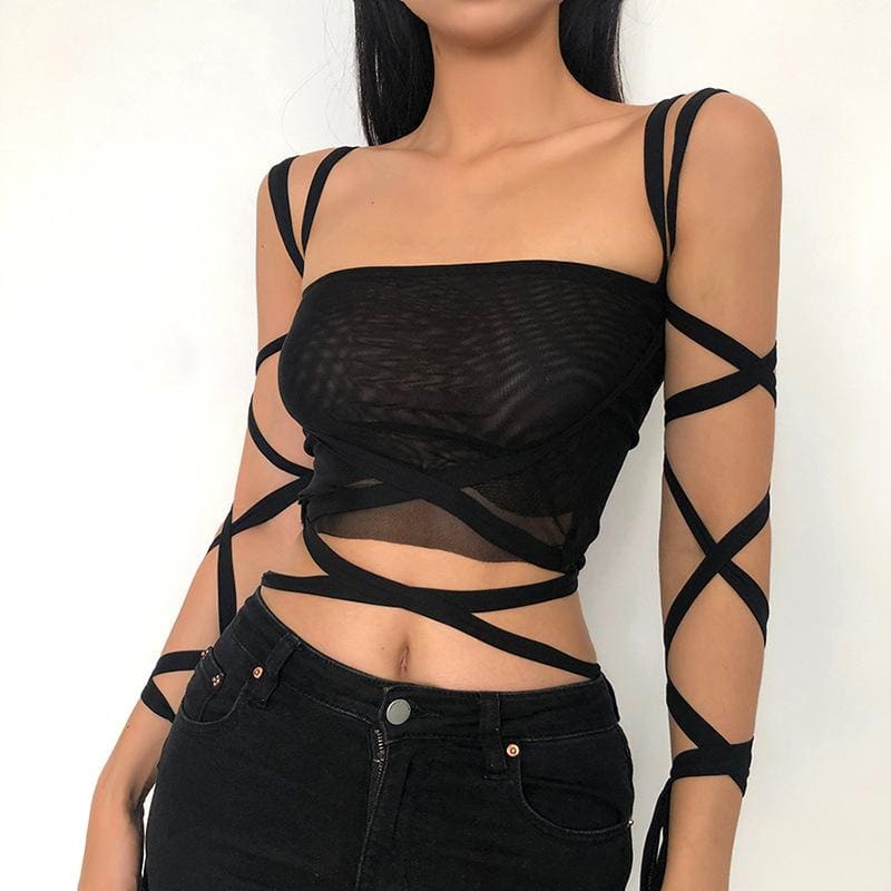 Black Mesh Lace Up Wrap Crop Top Top