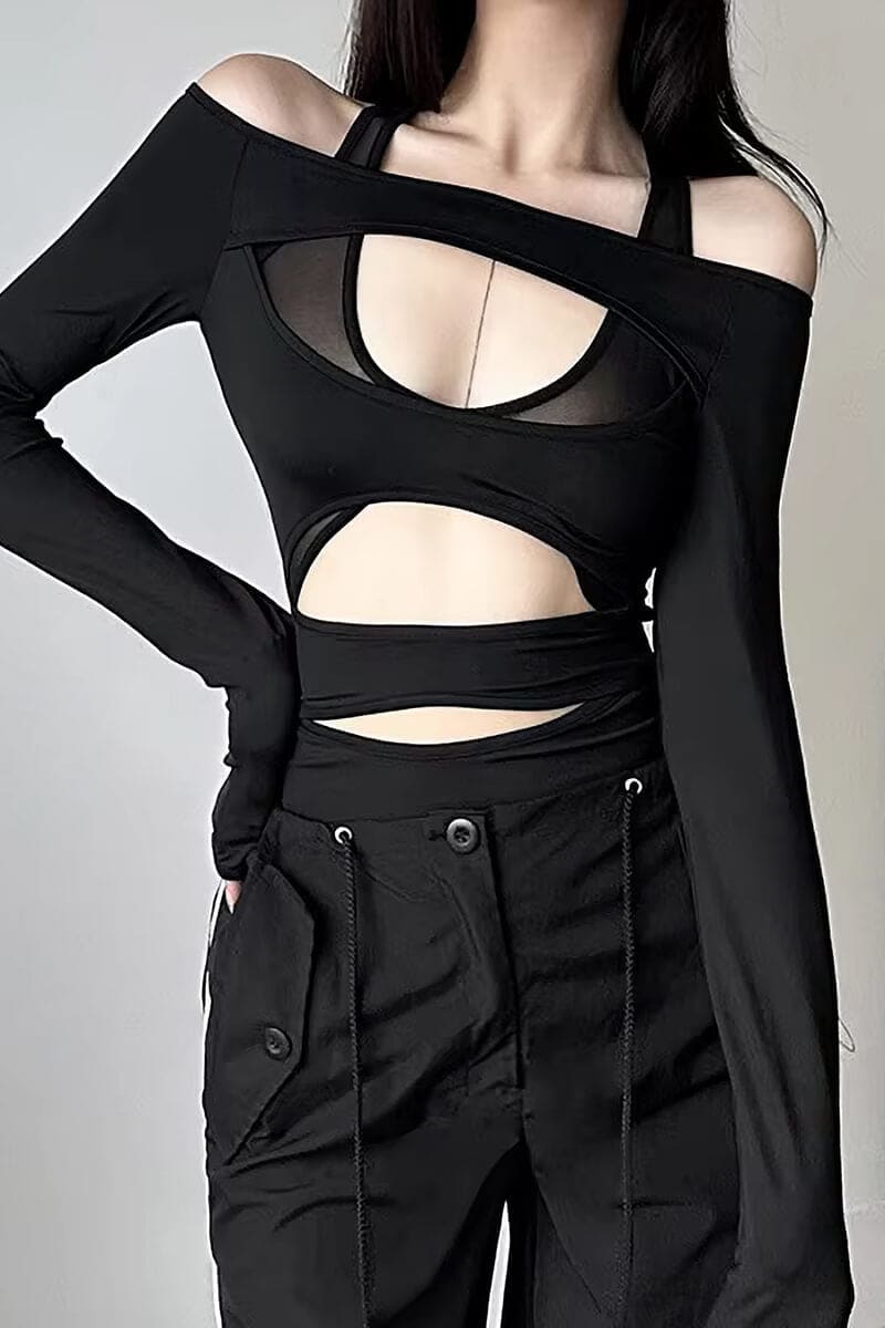 Black Off Shoulder Cutout Mesh Bodysuit