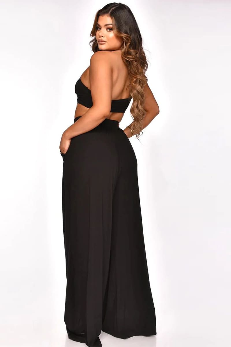 Black One Shoulder Crop Top And Palazzo Pants Set