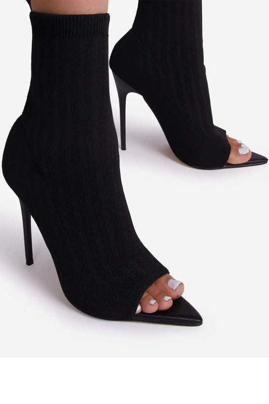 Black Peep Toe Stiletto Heels Ankle Sock Boots