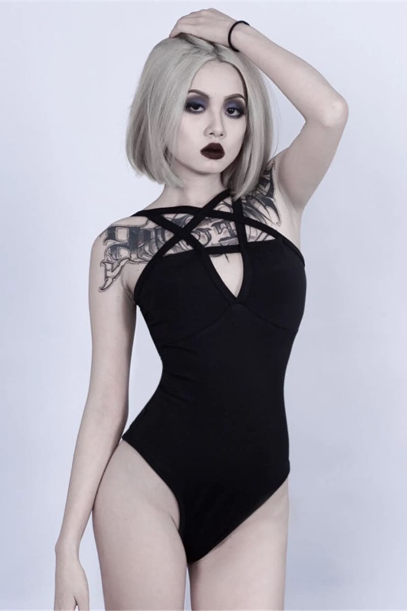 Black Pentagram Crisscross Backless Bodysuit / L Leotards & Unitards