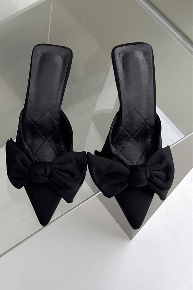 Black Pointed Toe Bow Tie Kitten Heels Mule Shoes