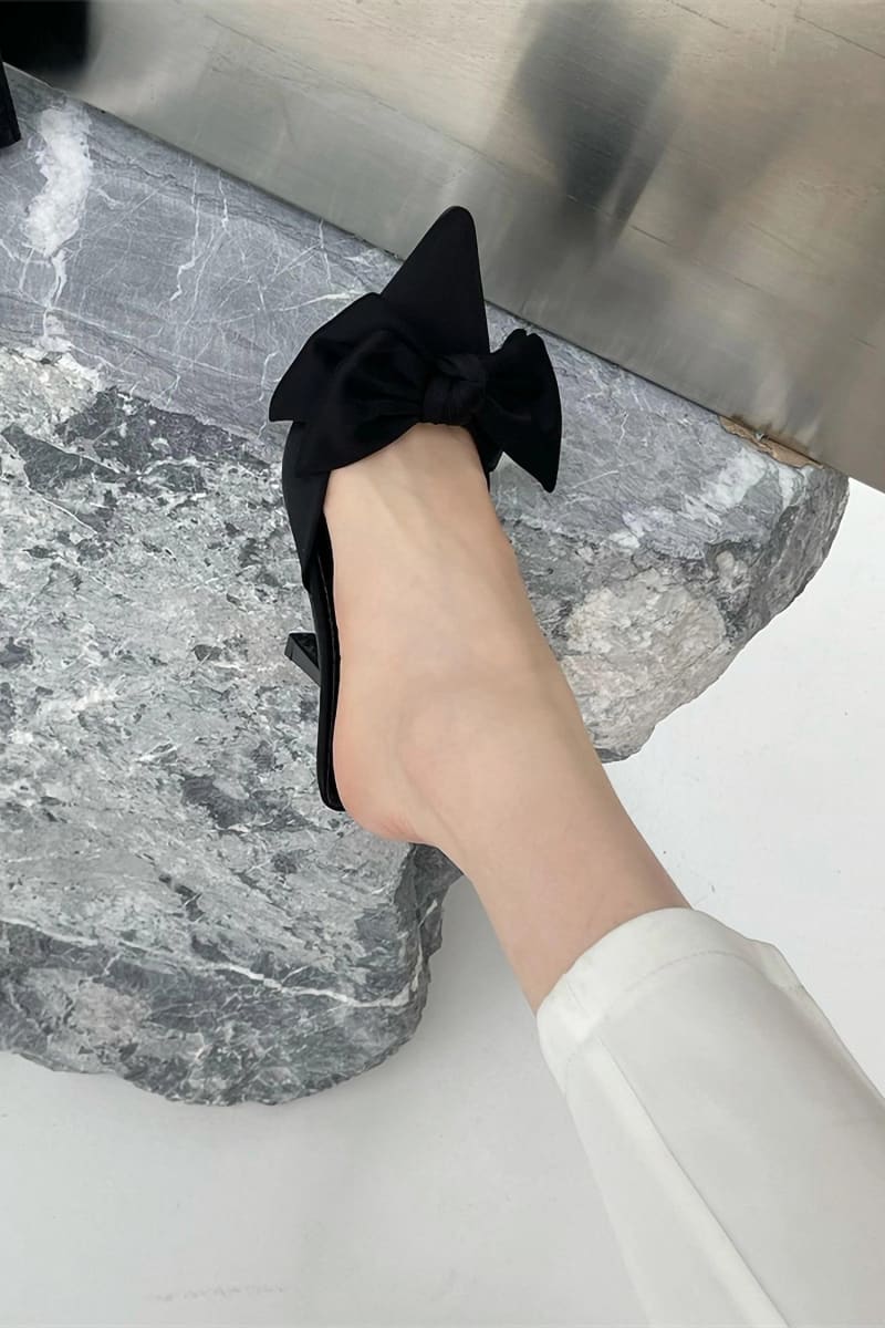 Black Pointed Toe Bow Tie Kitten Heels Mule Shoes