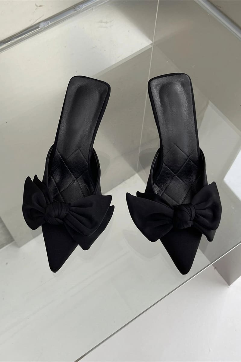 Black Pointed Toe Bow Tie Kitten Heels Mule Shoes