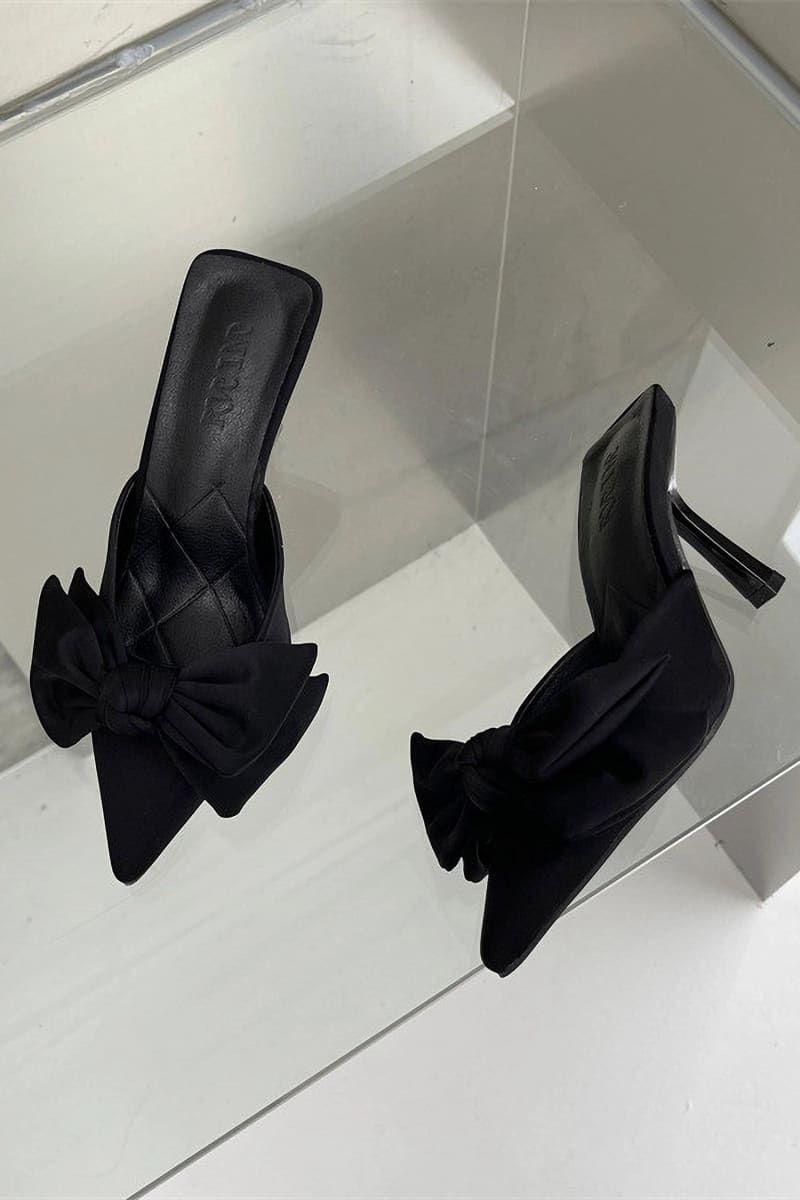 Black Pointed Toe Bow Tie Kitten Heels Mule Shoes