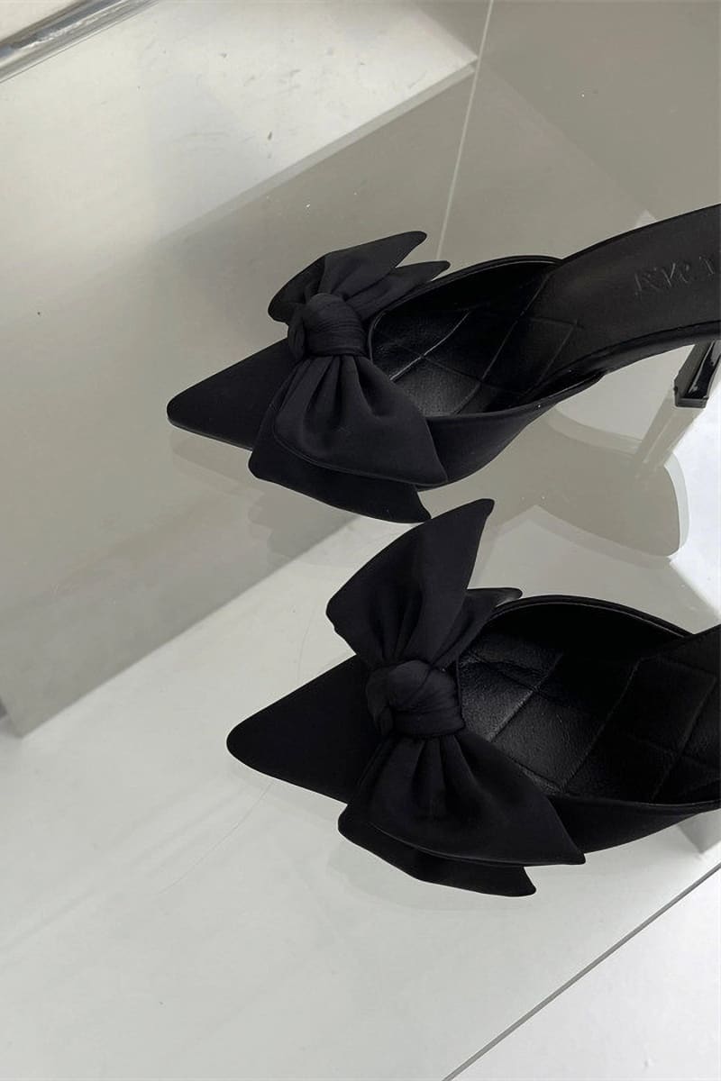 Black Pointed Toe Bow Tie Kitten Heels Mule Shoes