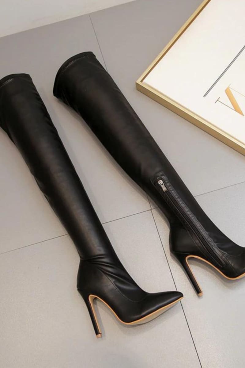 Black Pointed Toe Thigh High Boots Shoes