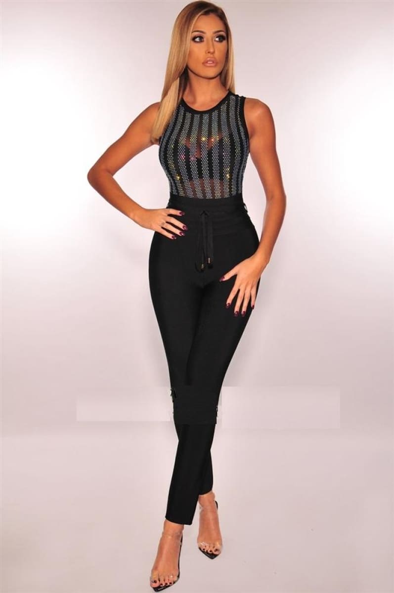 Black Rhinestone Mesh Sleeveless Embellished Bodysuit Bodysuit