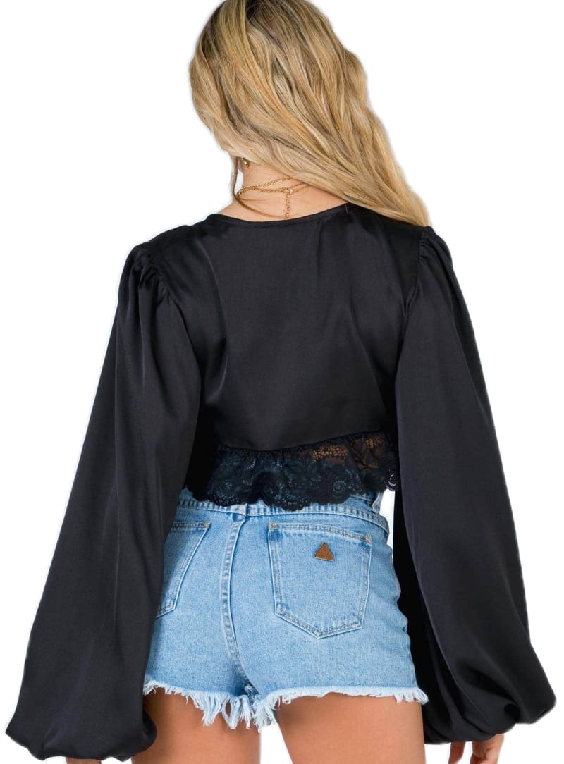 Black Satin V-Neck Lace Detail Puff Sleeve Crop Top Blouse Blouse