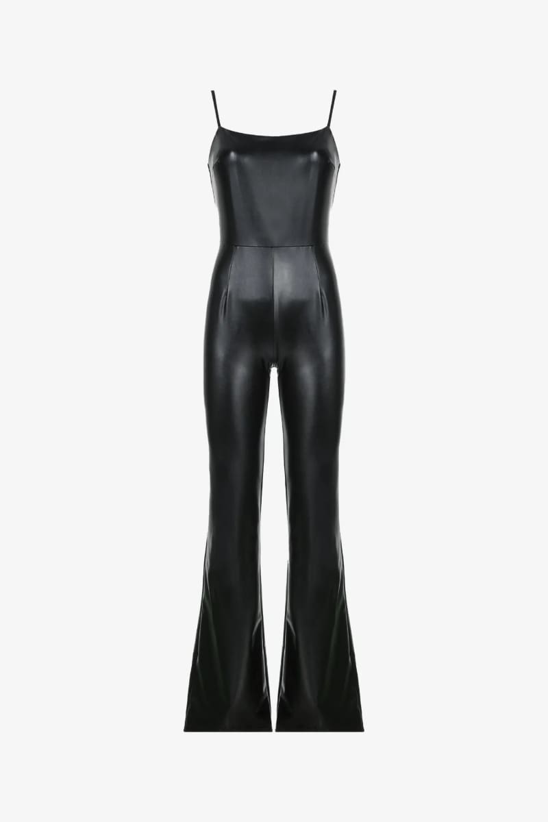 Black Sleeveless Bell Bottom Leather Jumpsuit