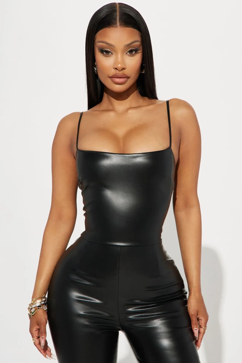 Black Sleeveless Bell Bottom Leather Jumpsuit