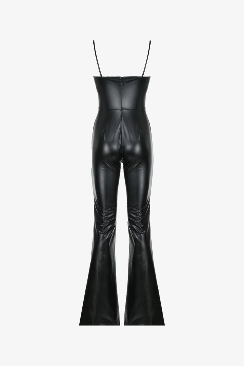 Black Sleeveless Bell Bottom Leather Jumpsuit