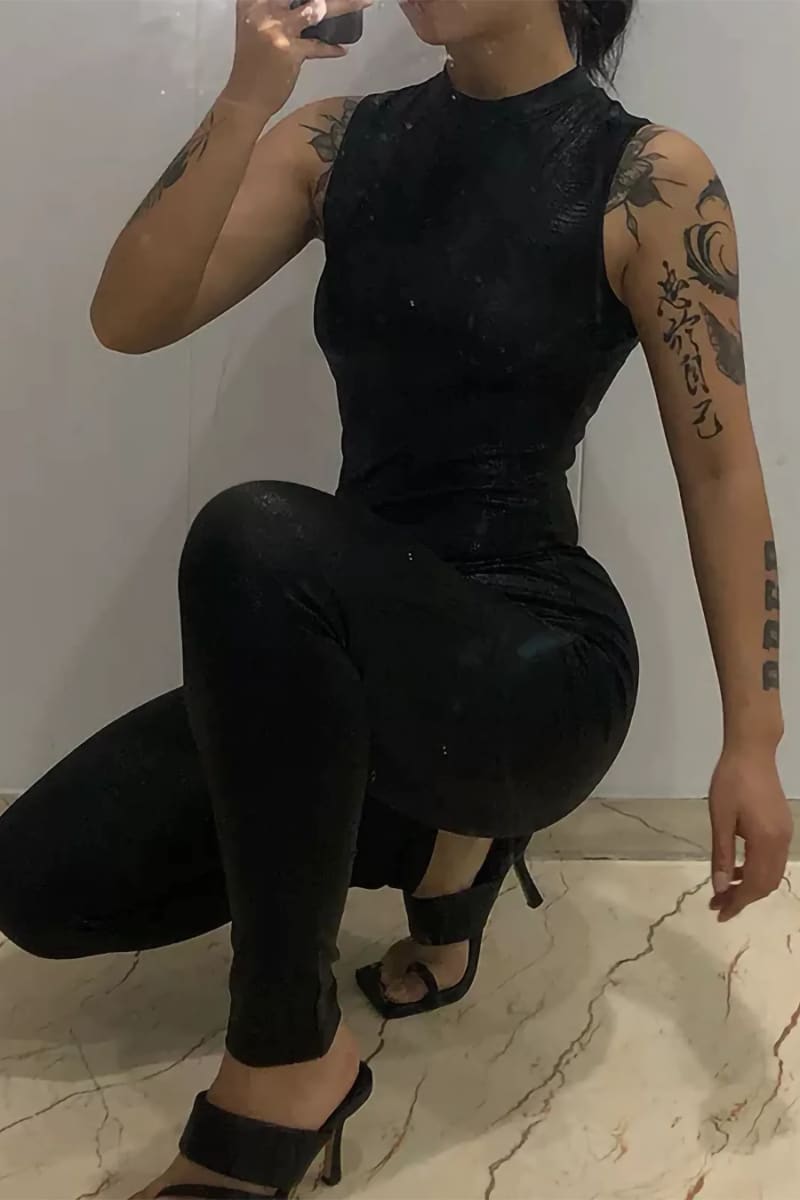 Black Sleeveless Turtleneck Snakeskin Leather Jumpsuit