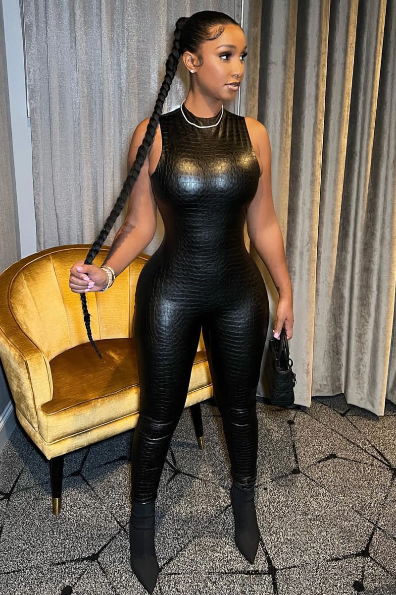 Black Sleeveless Turtleneck Snakeskin Leather Jumpsuit