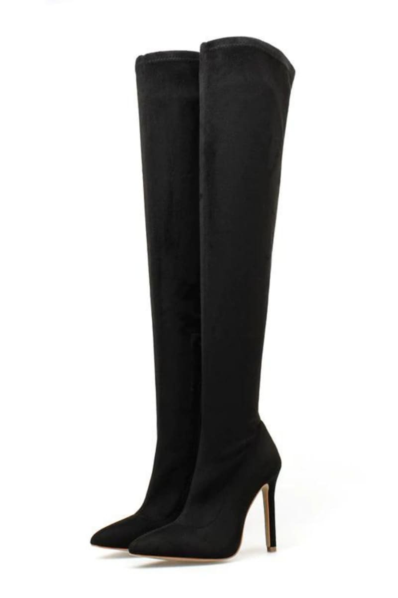 Black Suede Pointed Toe Thigh High Boots