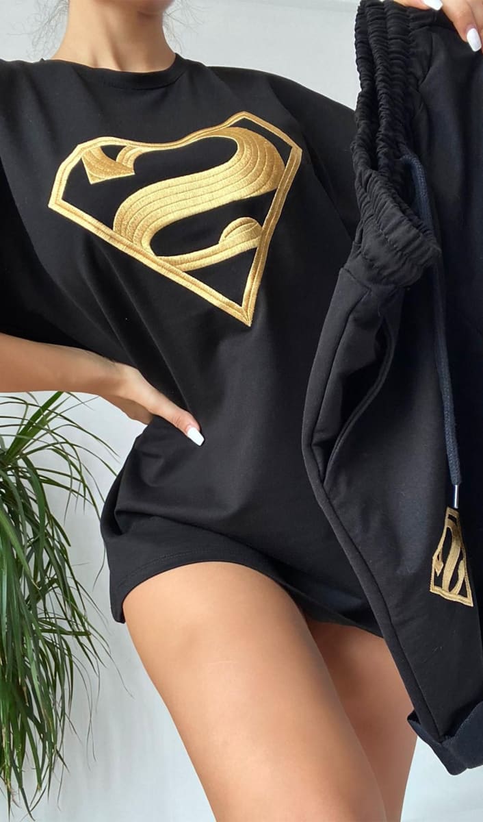 Black Superman T-Shirt And Sweatshorts Two Piece Set Outfit Sets