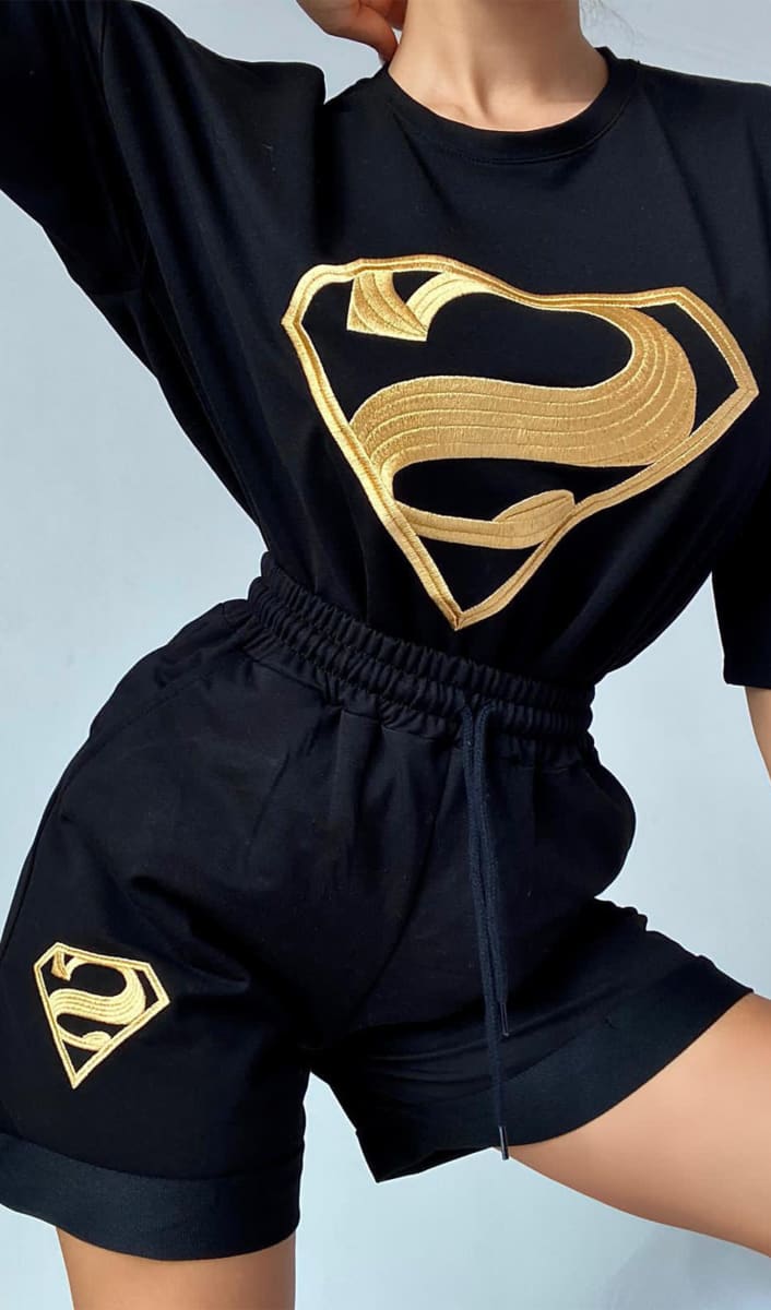 Black Superman T-Shirt And Sweatshorts Two Piece Set Outfit Sets