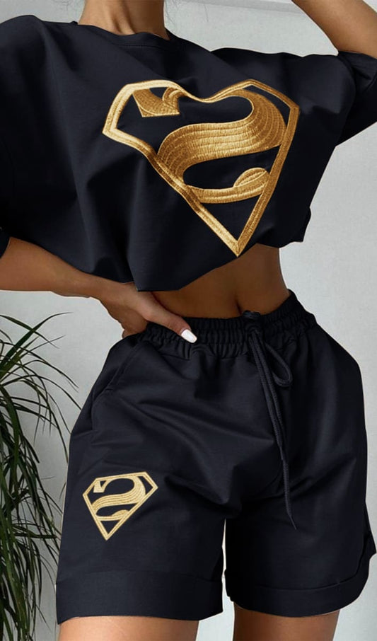 Black Superman T-Shirt And Sweatshorts Two Piece Set Outfit Sets