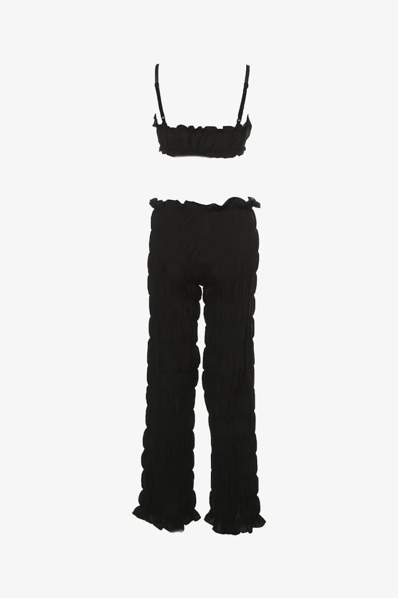 Black Textured Smocked Pants Set