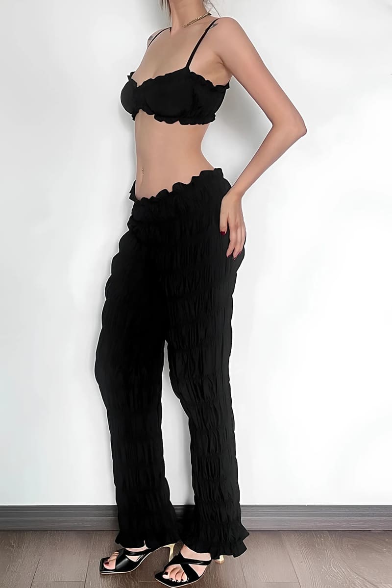 Black Textured Smocked Pants Set