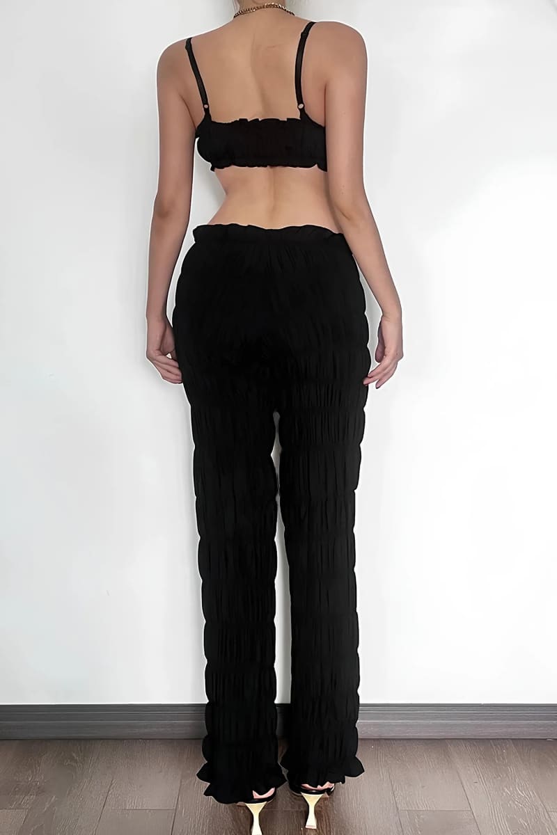 Black Textured Smocked Pants Set