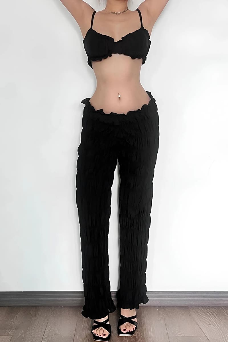 Black Textured Smocked Pants Set