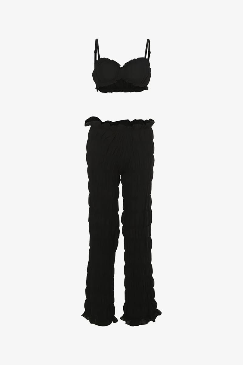 Black Textured Smocked Pants Set