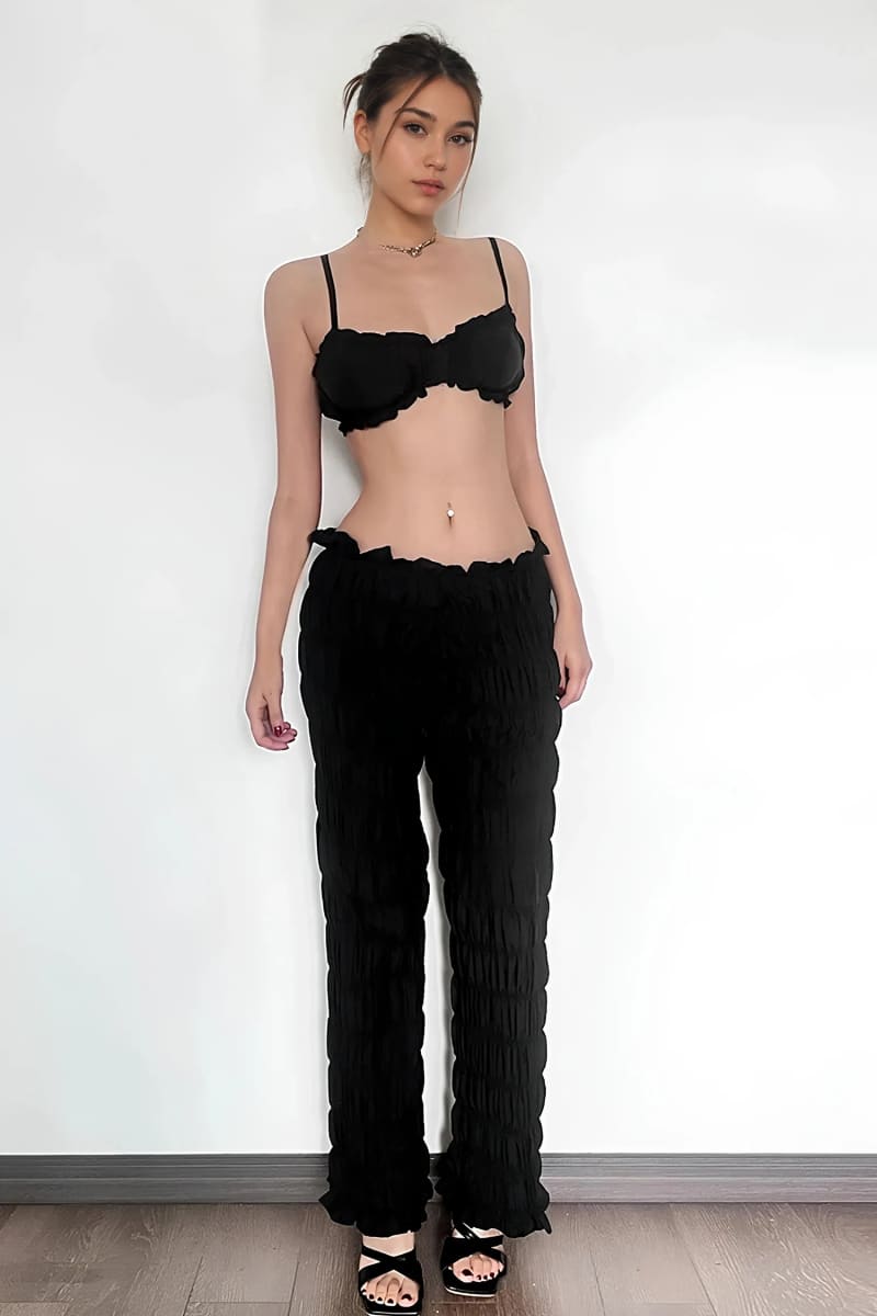 Black Textured Smocked Pants Set